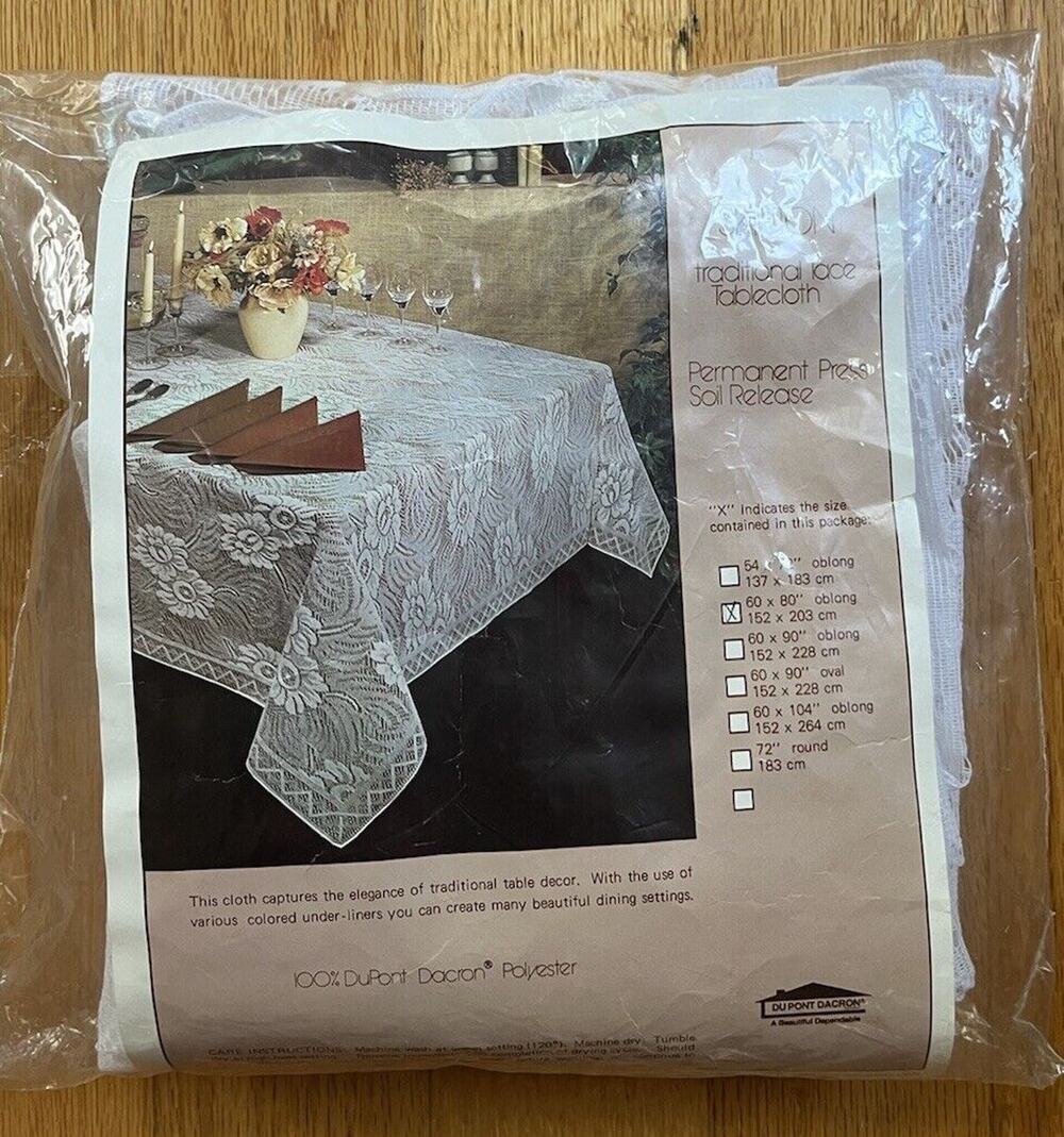 Vtg Skipton Lace White Tablecloth Permanent Press Cottage Oblong Shabby Chic